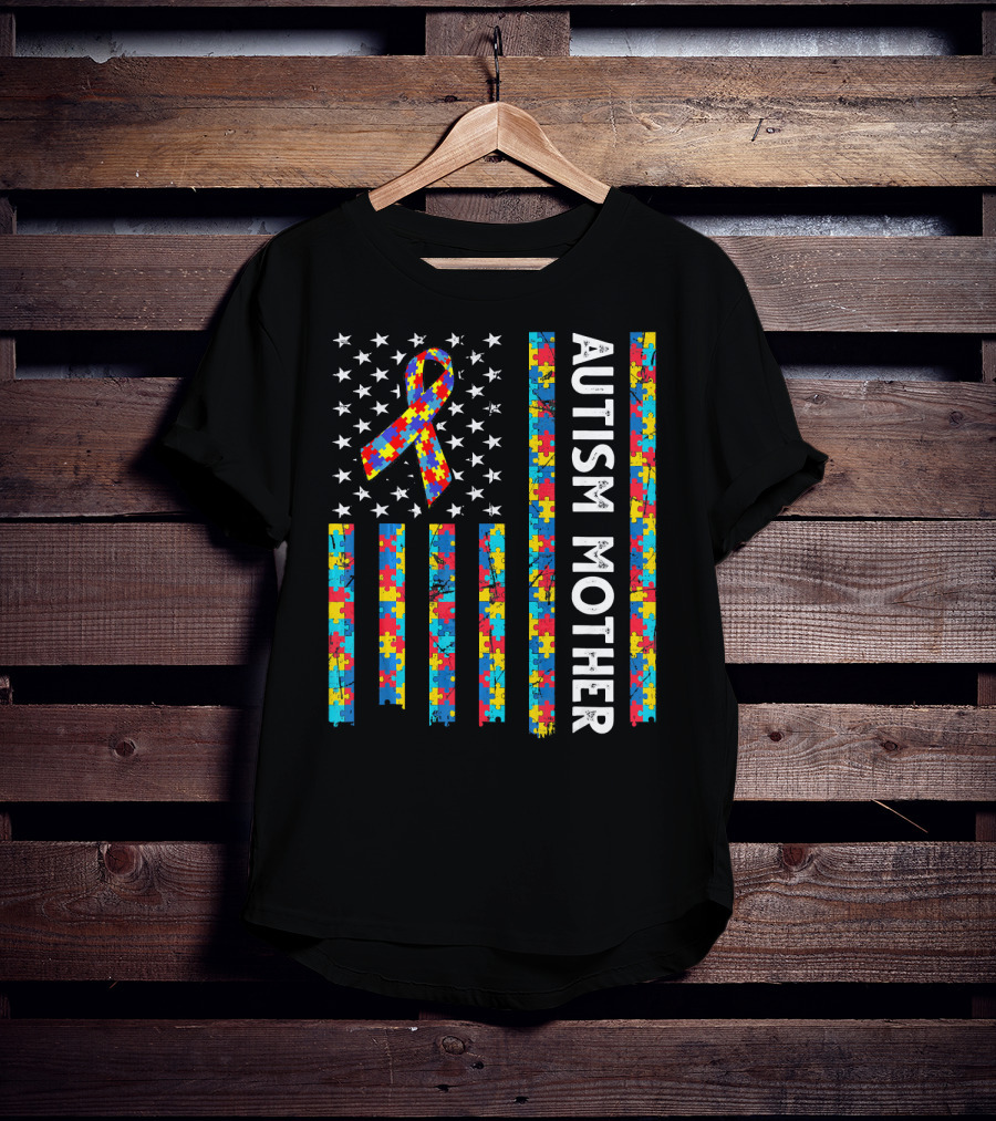 Autism Mother Puzzle Ribbon American Flag Awareness T-Shirt