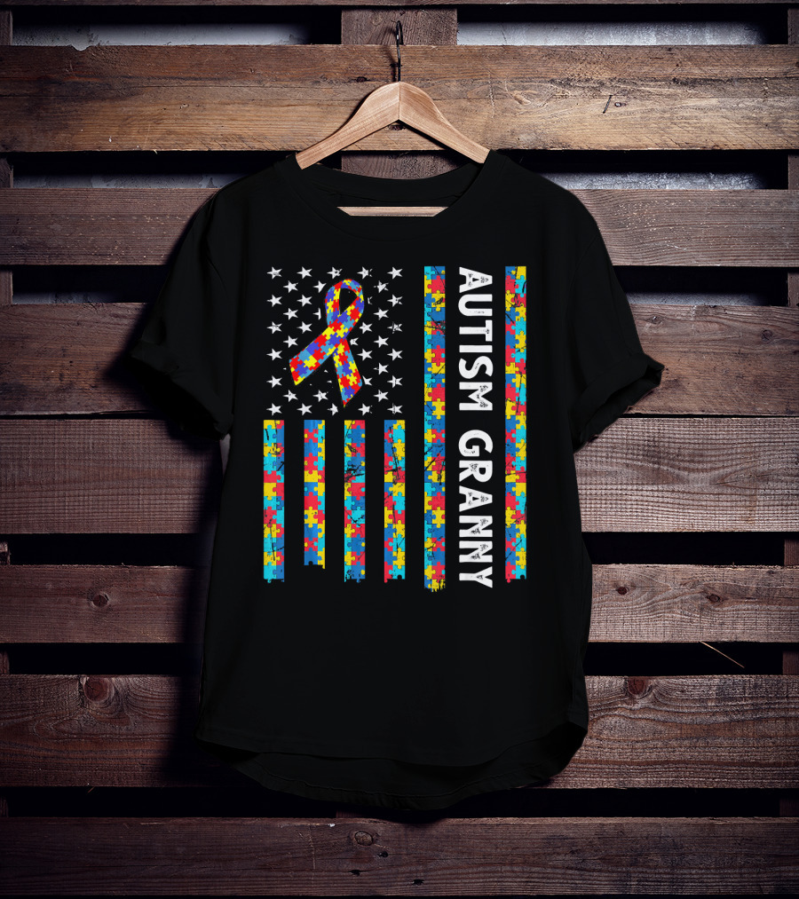 Autism Granny Puzzle Ribbon American Flag With Stars T-Shirt