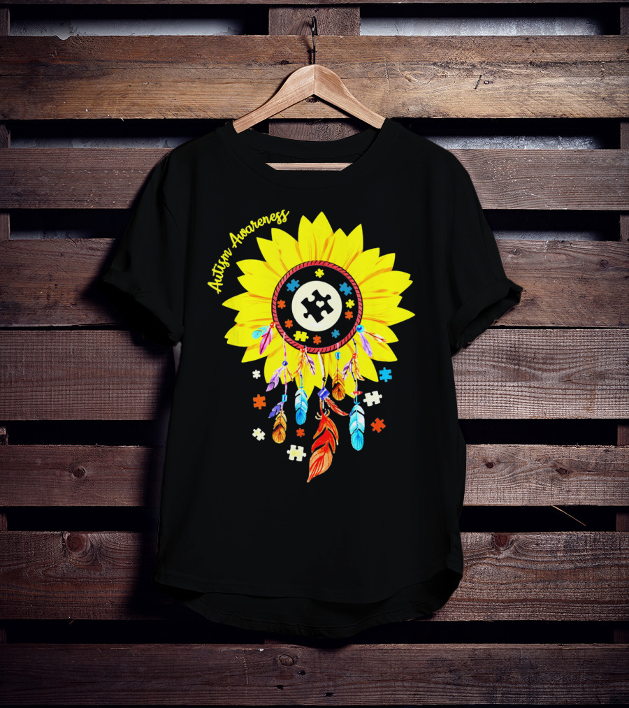 Autism Awareness Dream Catcher Sunflower With Puzzle Pieces T-Shirt