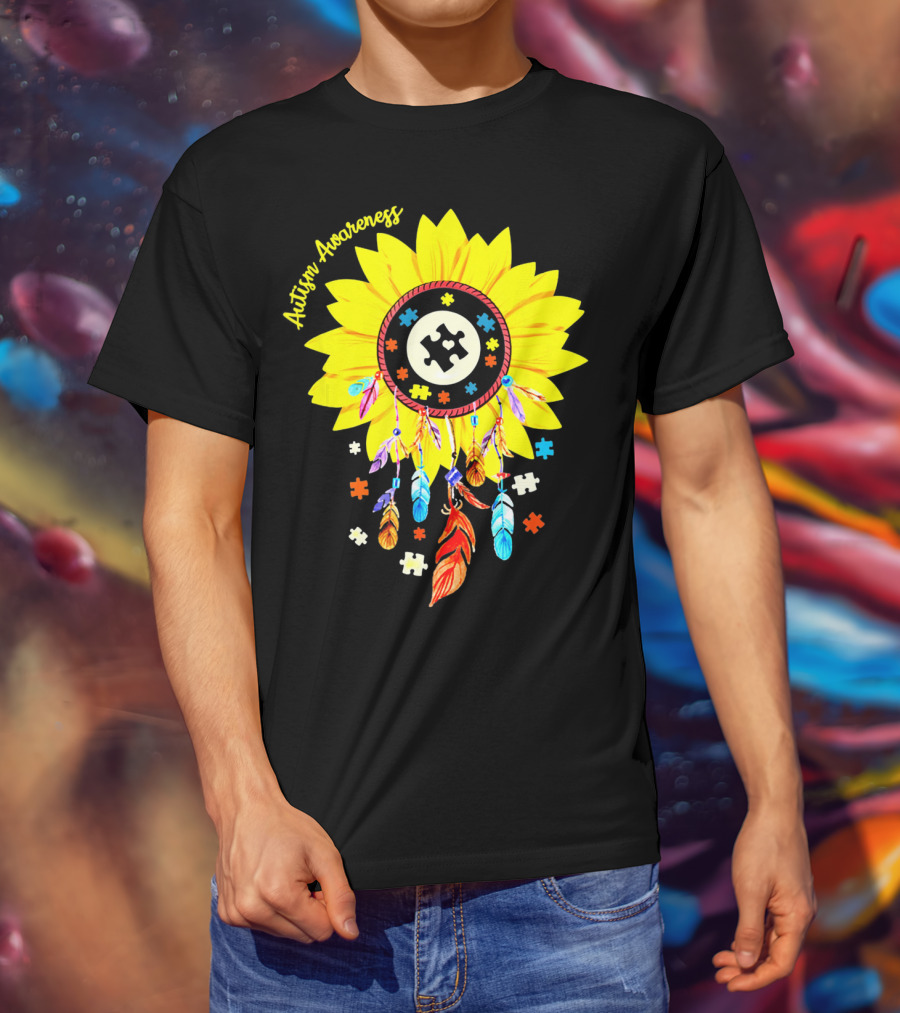 Autism Awareness Dream Catcher Sunflower With Puzzle Pieces T-Shirt