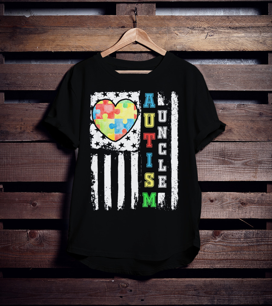 Autism Uncle US Flag Puzzle Heart T-Shirt