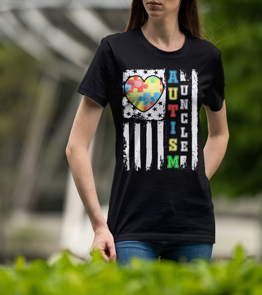 Autism Uncle US Flag Puzzle Heart T-Shirt