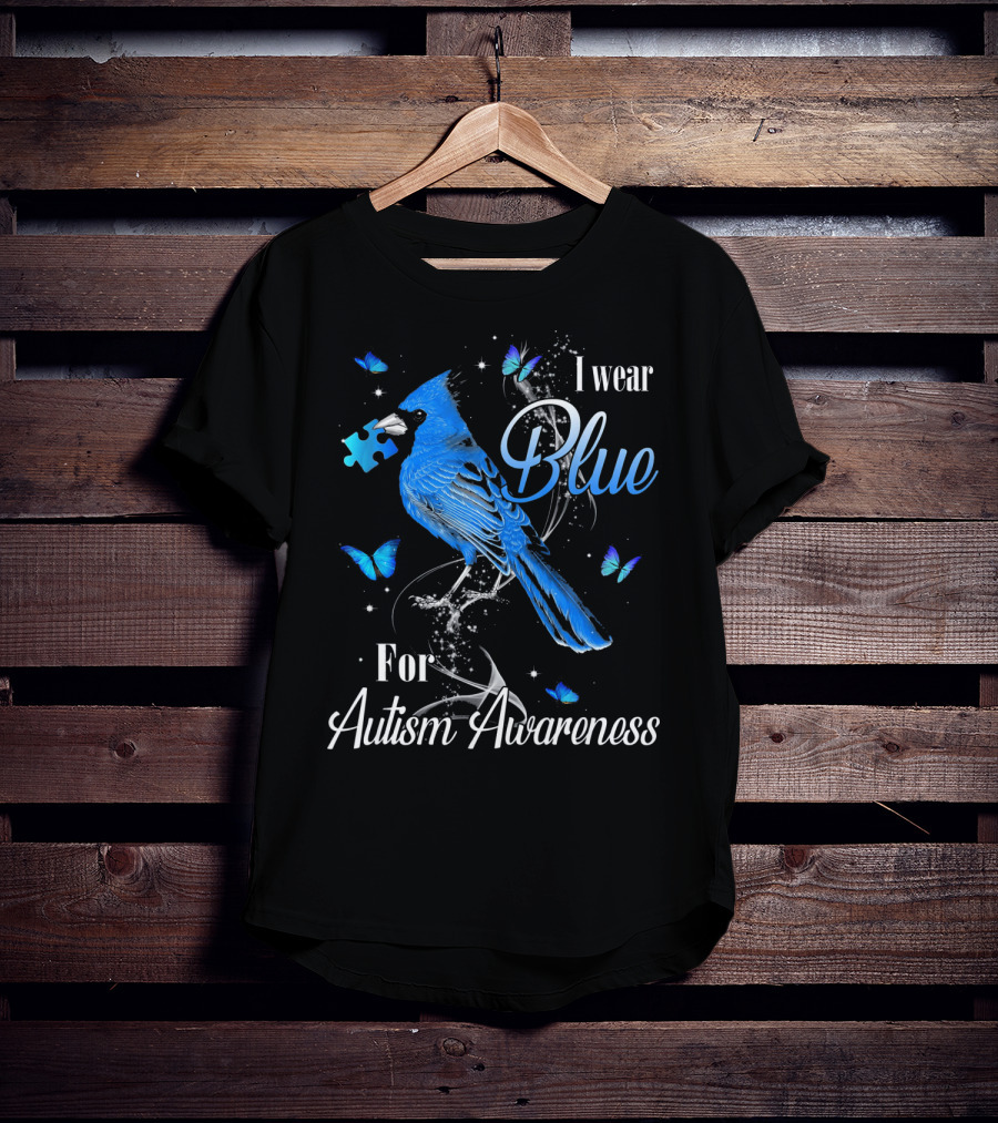 I Wear Blue For Autism Awareness Cardinal Bird Puzzle Piece Butterfly T-Shirt