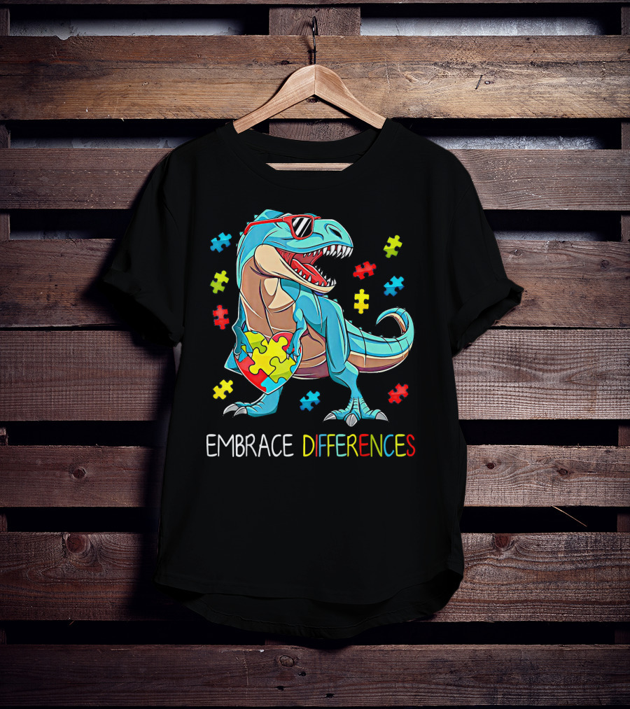 Embrace Differences Autism Awareness Dinosaur Rex Puzzle T-Shirt