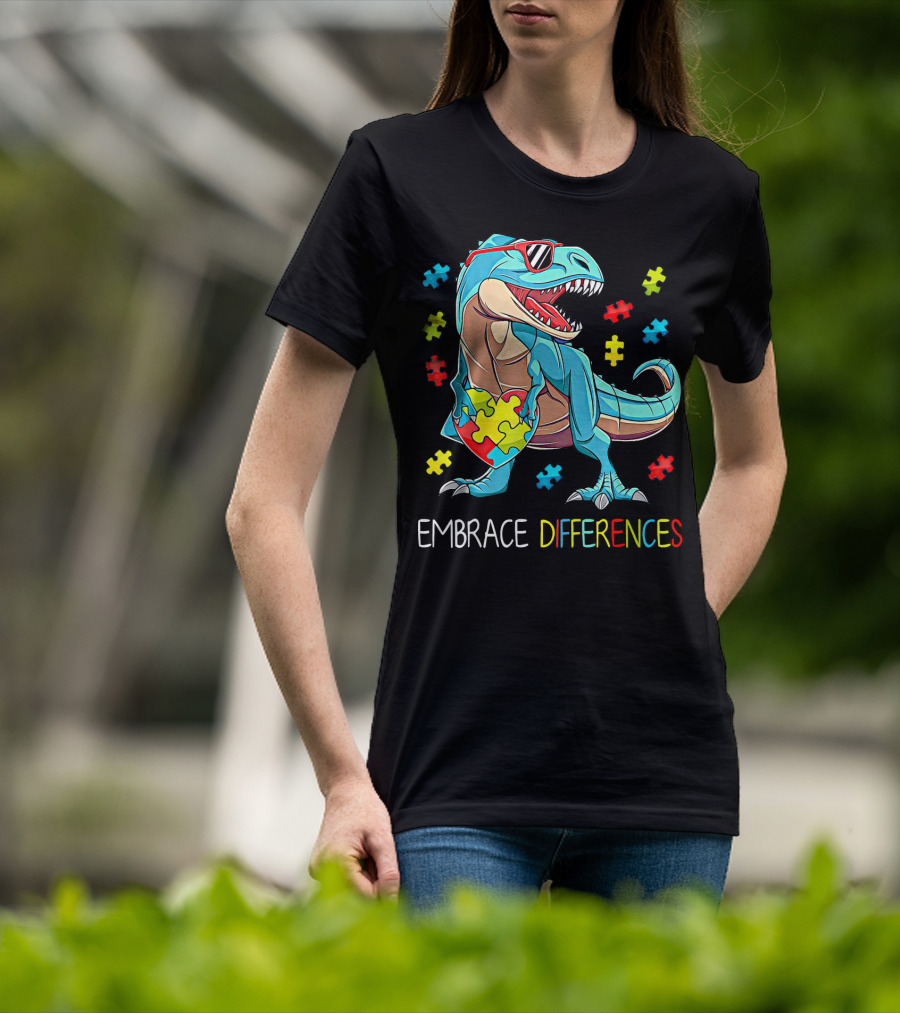Embrace Differences Autism Awareness Dinosaur Rex Puzzle T-Shirt