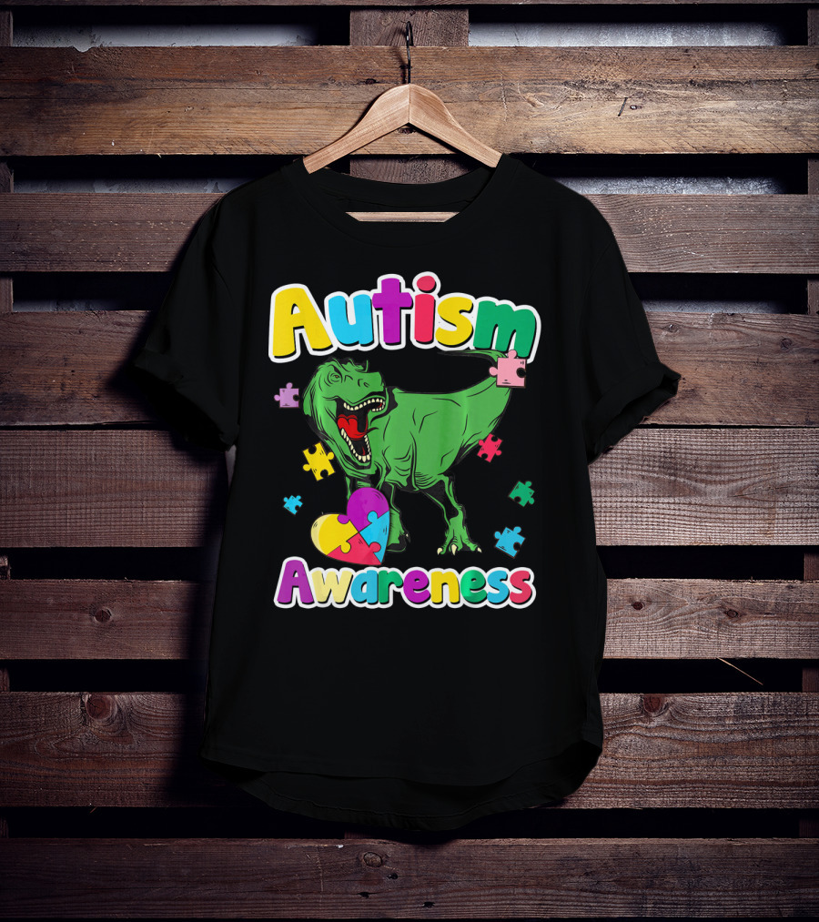 Autism Awareness Colorful Puzzle Tyrannosaurus T-Shirt