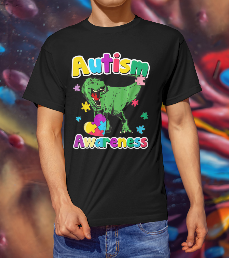 Autism Awareness Colorful Puzzle Tyrannosaurus T-Shirt