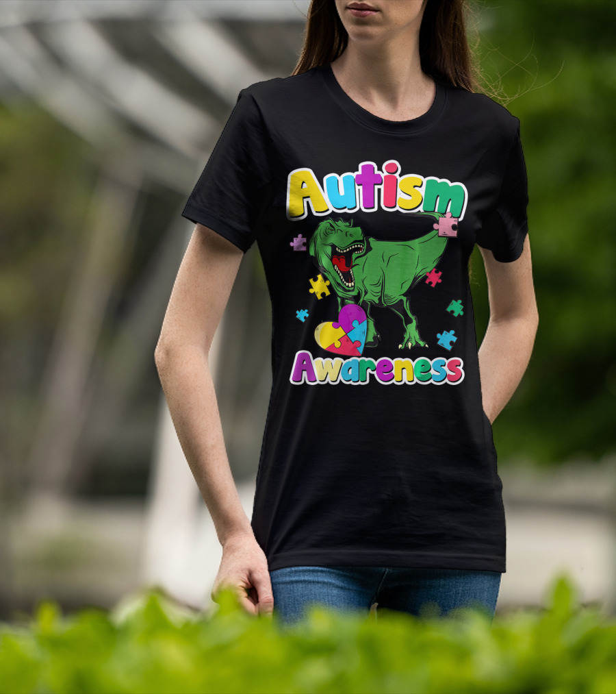 Autism Awareness Colorful Puzzle Tyrannosaurus T-Shirt
