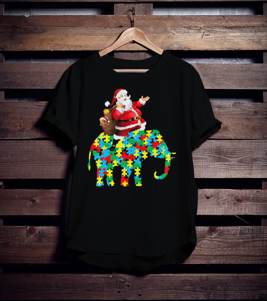 Santa Claus Riding Puzzle Piece Elephant Christmas Autism T-Shirt