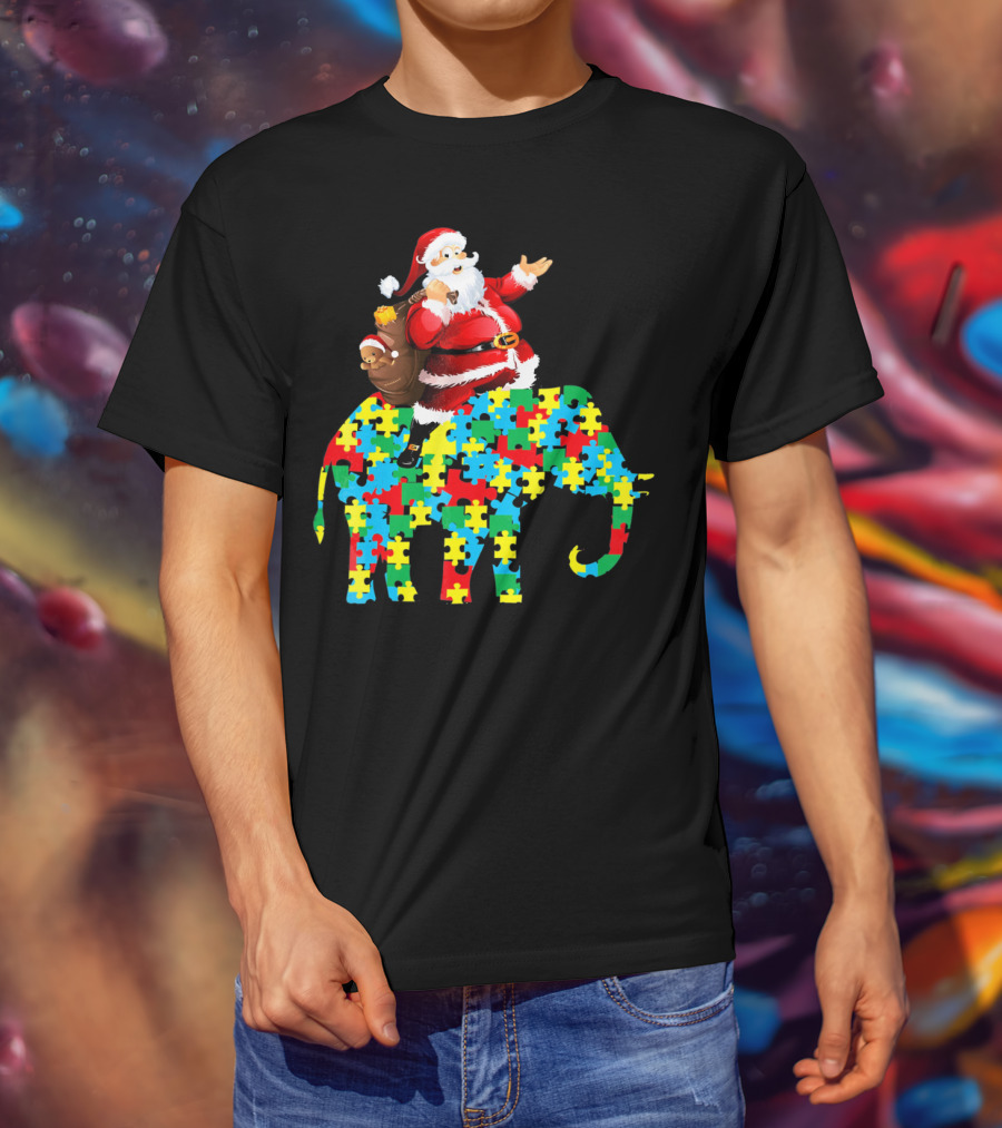 Santa Claus Riding Puzzle Piece Elephant Christmas Autism T-Shirt