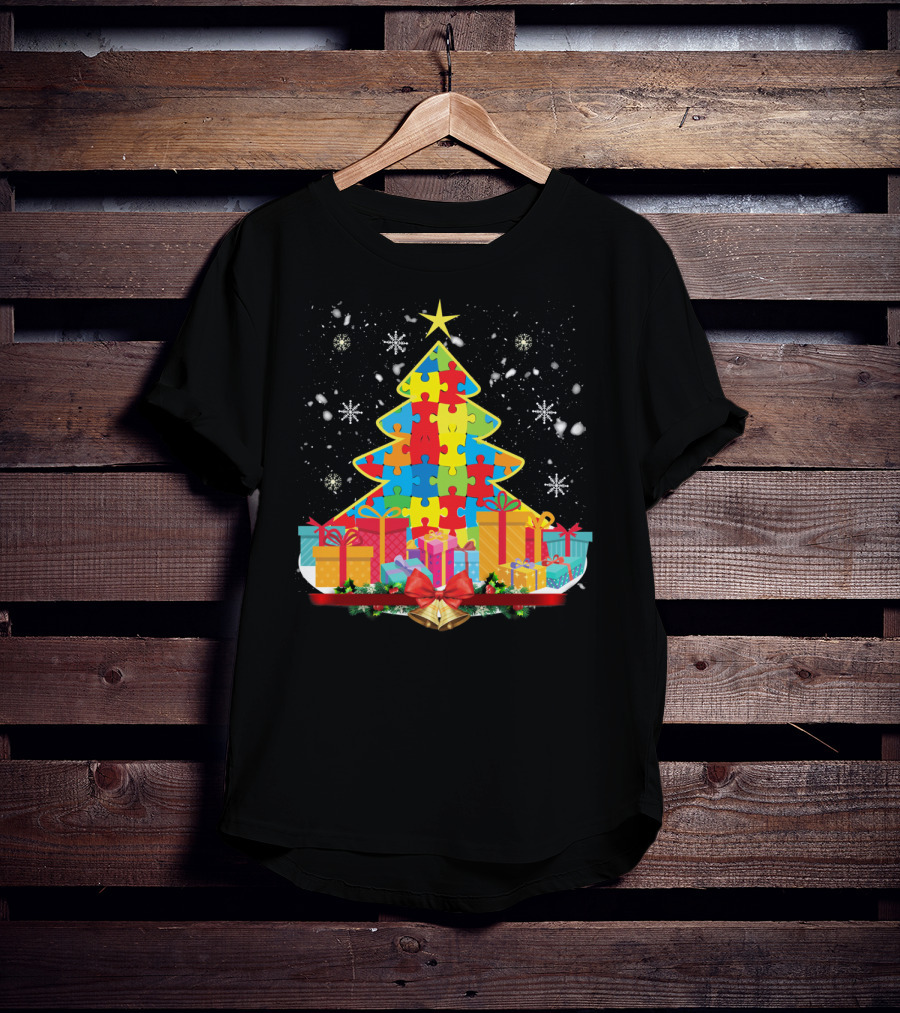 Christmas Tree Puzzle Pieces Autism Awareness T-Shirt