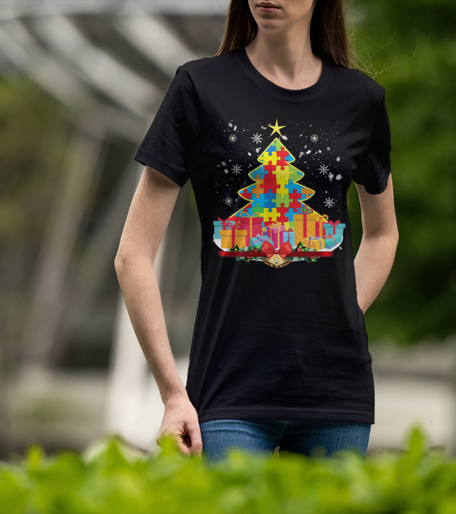 Christmas Tree Puzzle Pieces Autism Awareness T-Shirt