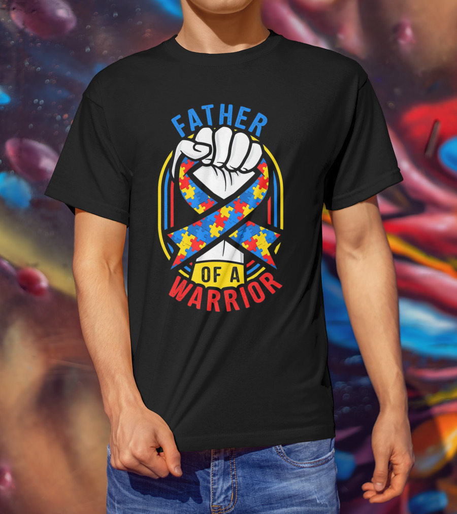 Father Of A Warrior Autism Awareness Puzzle Ribbon Fist T-Shirt