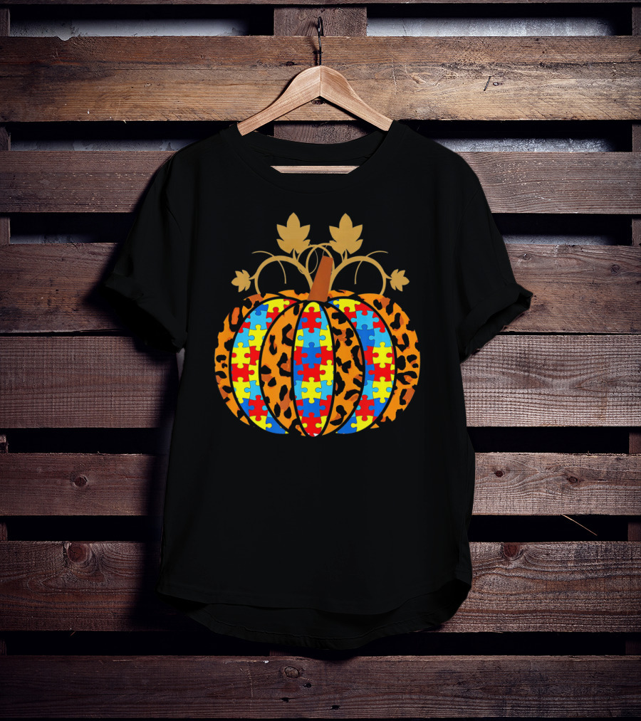 Autism Awareness Puzzle Pieces Leopard Print Pumpkin T-Shirt