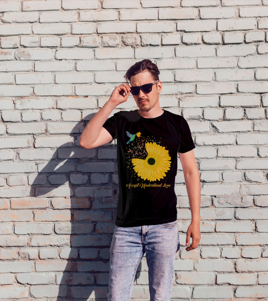 Sunflower Accept Understand Love Puzzle Piece Hummingbird Autism Awareness T-Shirt