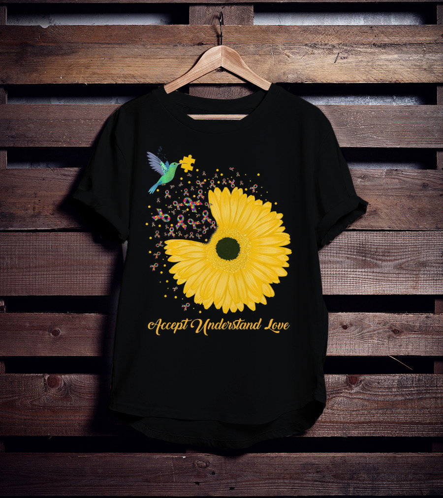 Sunflower Accept Understand Love Puzzle Piece Hummingbird Autism Awareness T-Shirt