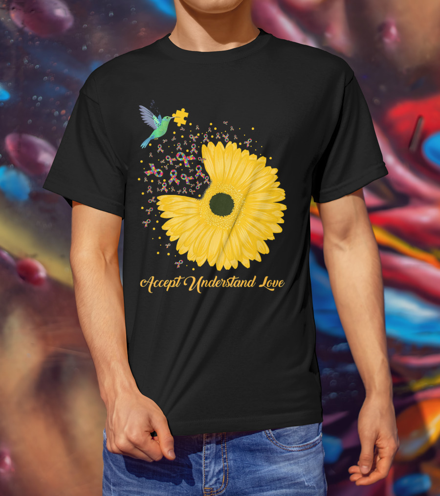 Sunflower Accept Understand Love Puzzle Piece Hummingbird Autism Awareness T-Shirt