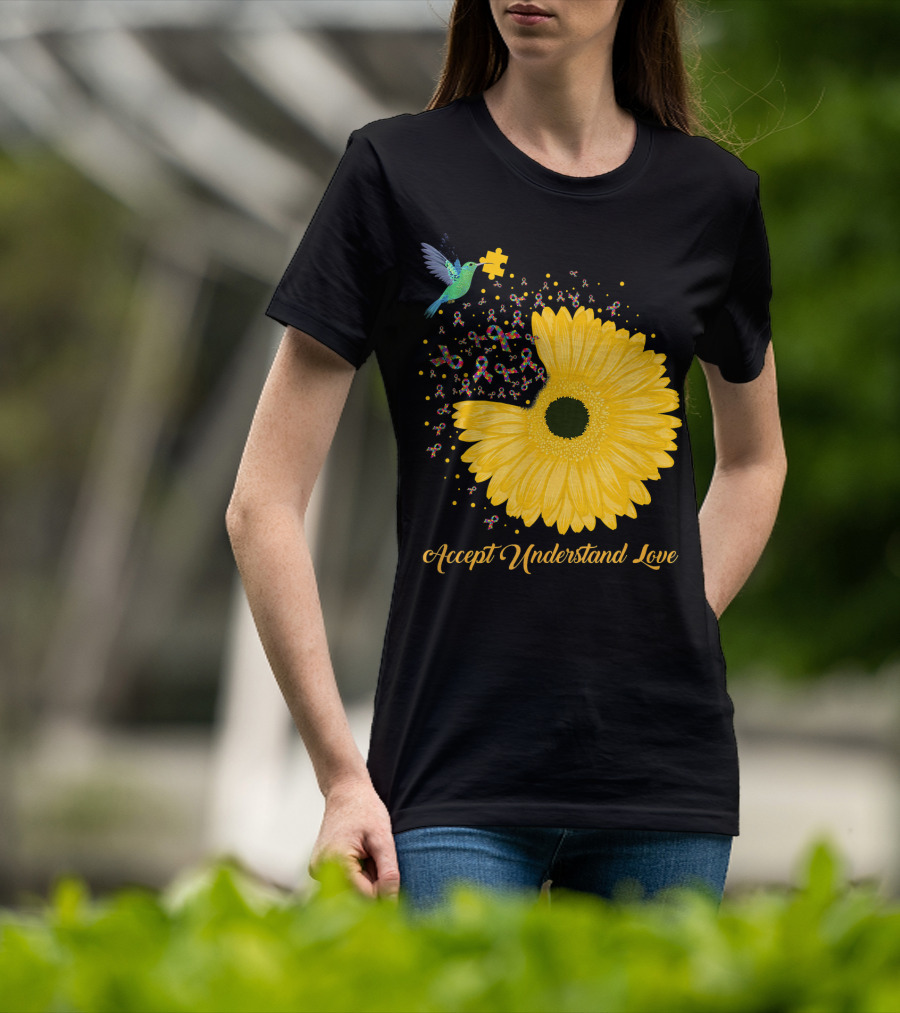 Sunflower Accept Understand Love Puzzle Piece Hummingbird Autism Awareness T-Shirt