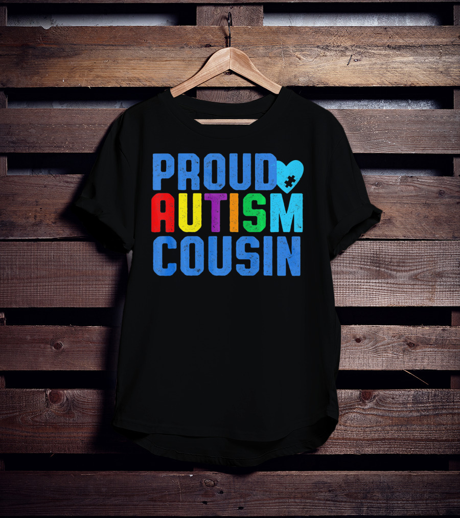 Proud Autism Cousin Family Support Rainbow Puzzle Heart T-Shirt