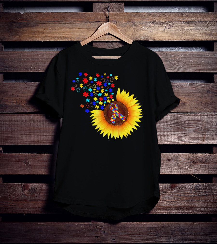 Sunflower Autism Awareness Ribbon With Colorful Puzzle Pieces T-Shirt