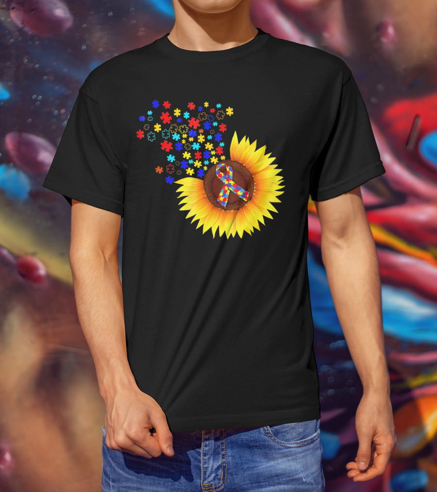 Sunflower Autism Awareness Ribbon With Colorful Puzzle Pieces T-Shirt