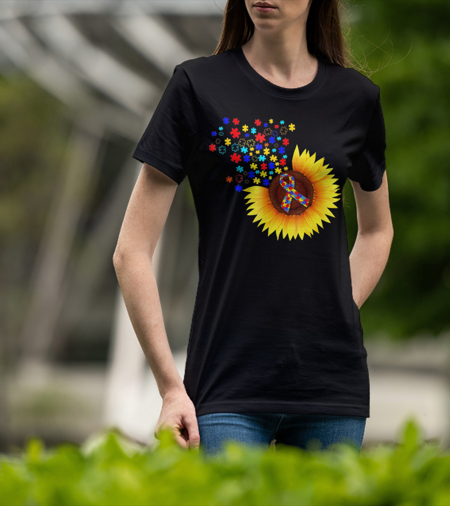 Sunflower Autism Awareness Ribbon With Colorful Puzzle Pieces T-Shirt