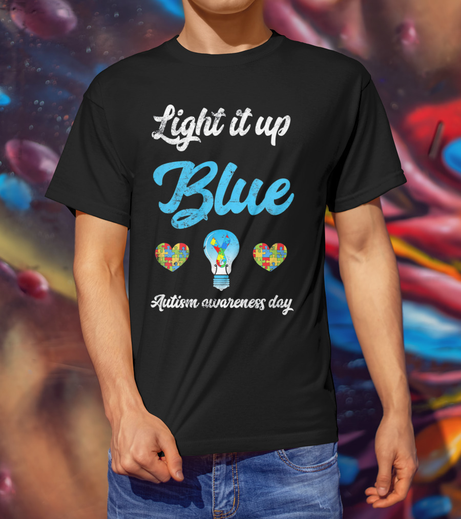Light It Up Blue Autism Awareness Day Puzzle Hearts Lightbulb T-Shirt