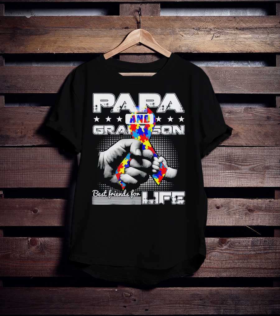 Papa And Grandson Best Friends For Life Puzzle Ribbon Hands T-Shirt