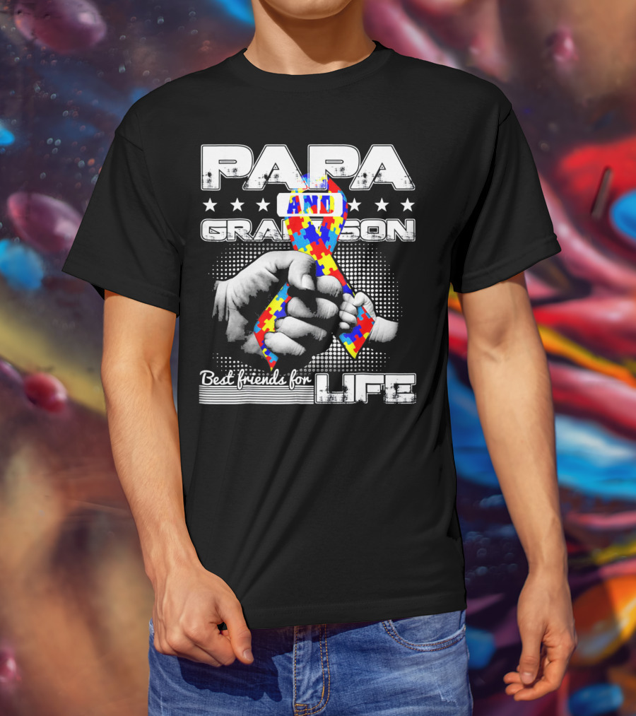 Papa And Grandson Best Friends For Life Puzzle Ribbon Hands T-Shirt