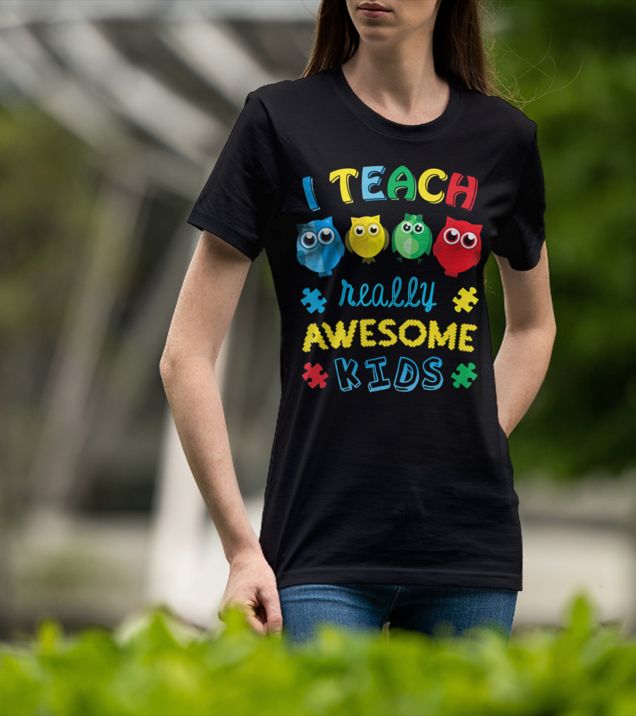 I Teach Really Awesome Kids Autism Teacher Awareness Cute Owl T-Shirt