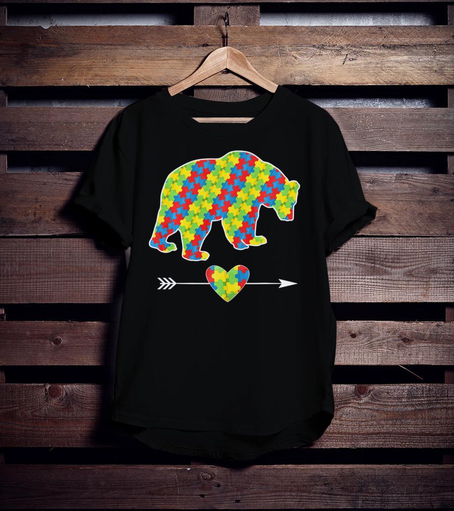 Bear With Puzzle Pieces And Arrow Heart Autism Awareness T-Shirt