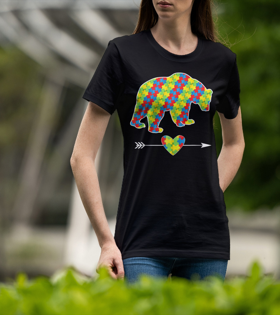 Bear With Puzzle Pieces And Arrow Heart Autism Awareness T-Shirt