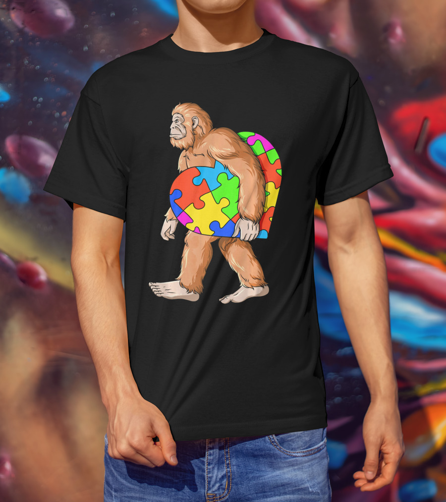 Bigfoot Holding Heart-Shaped Autism Awareness Puzzle T-Shirt