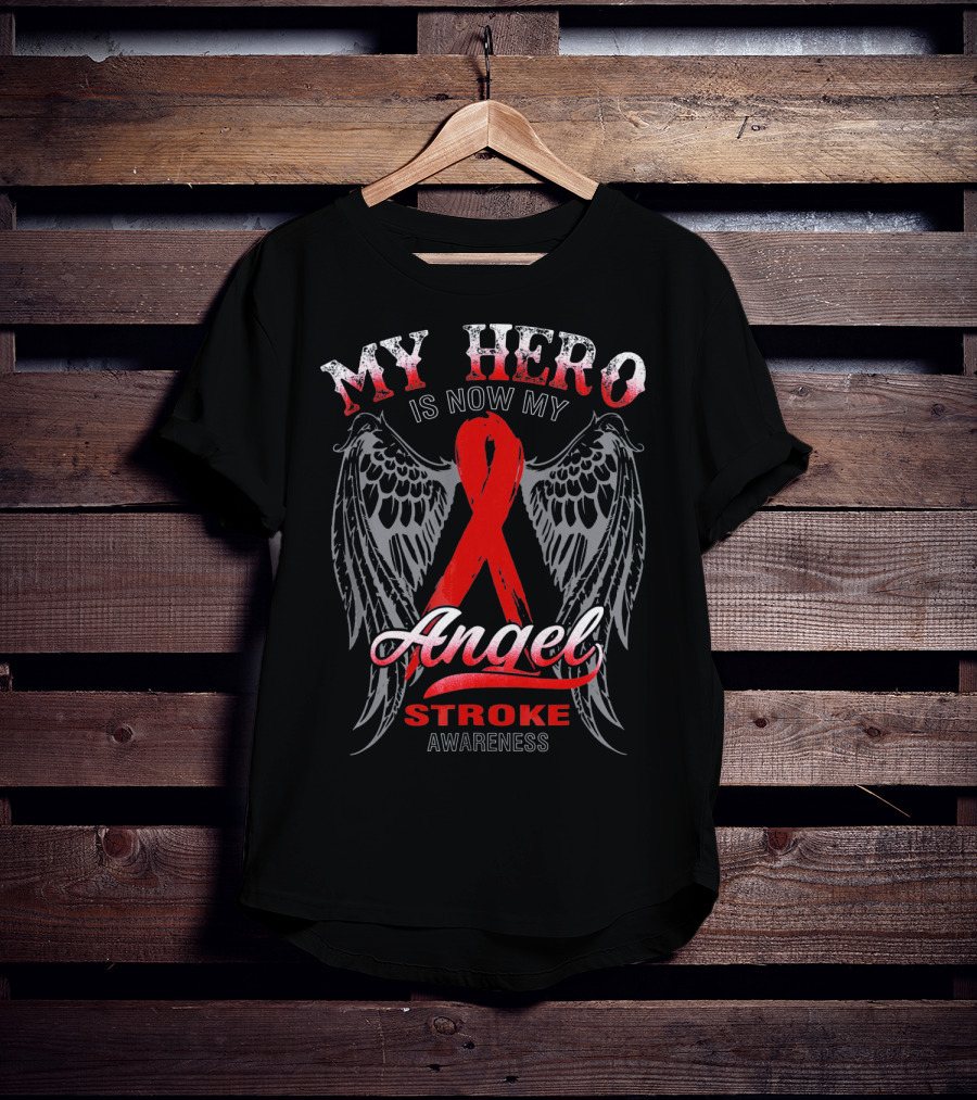 My Hero Is Now My Angel Stroke Awareness Wings Red Ribbon T-Shirt