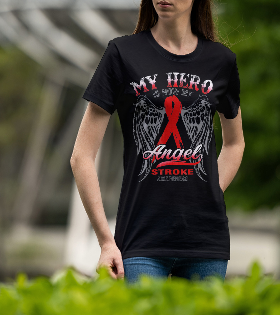 My Hero Is Now My Angel Stroke Awareness Wings Red Ribbon T-Shirt