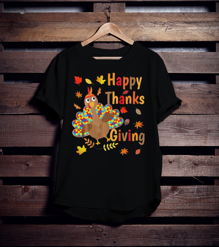 Happy Thanksgiving Turkey Autism Awareness Puzzle Piece Leaves T-Shirt