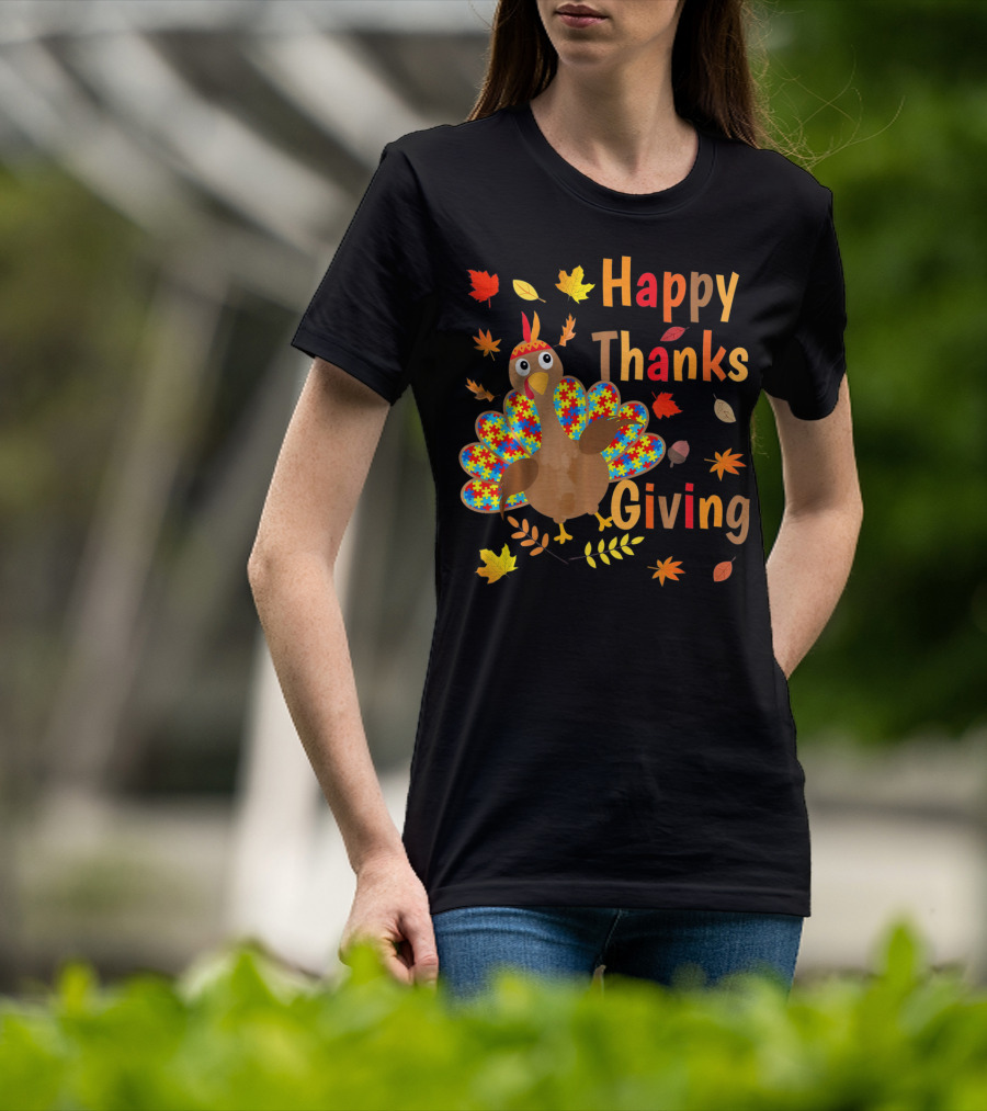 Happy Thanksgiving Turkey Autism Awareness Puzzle Piece Leaves T-Shirt