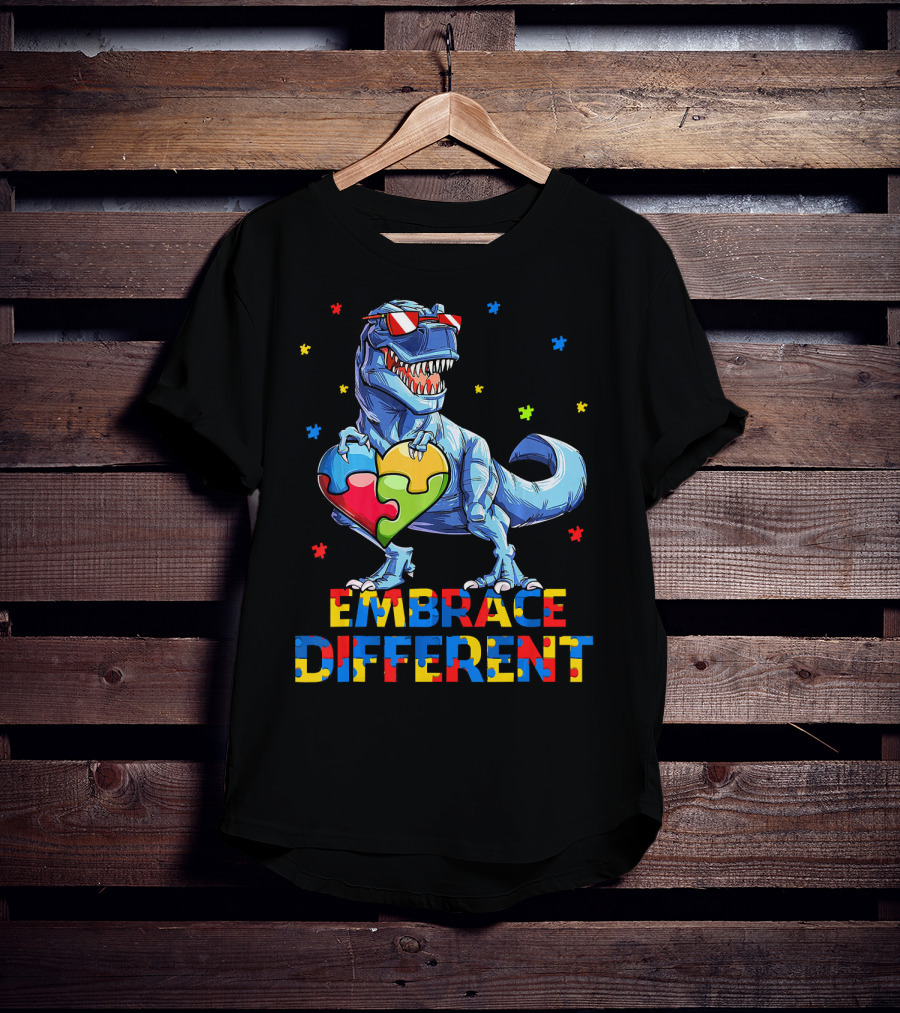 T Rex Embrace Different Autism Awareness Puzzle Heart T-Shirt