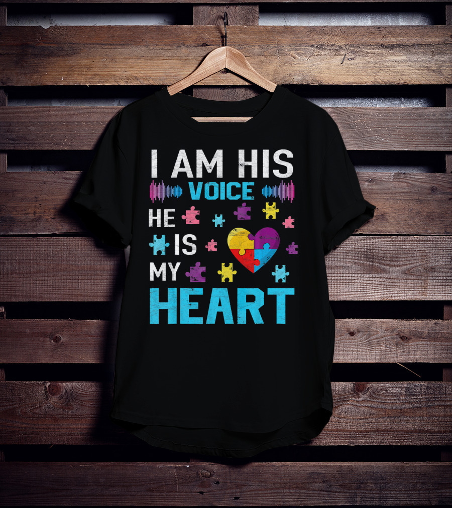 I Am His Voice He Is My Heart Puzzle Heart Autism Awareness T-Shirt