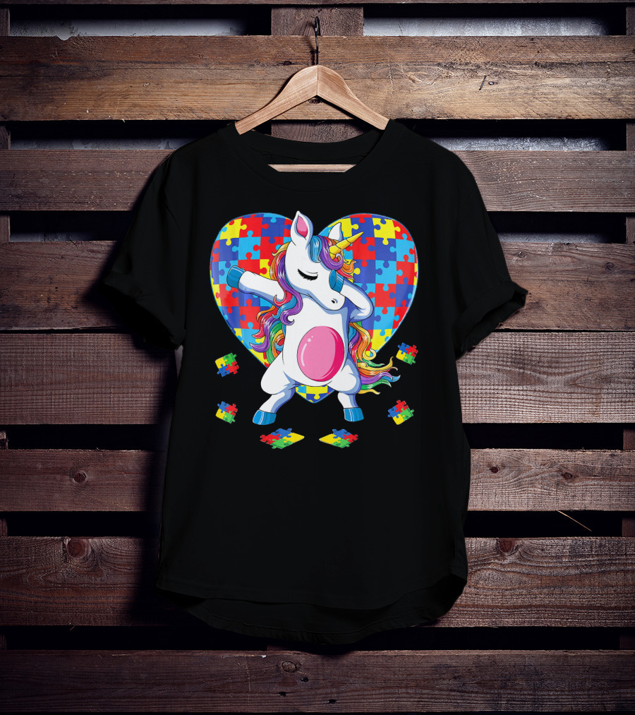 Dabbing Unicorn With Autism Awareness Puzzle Heart T-Shirt