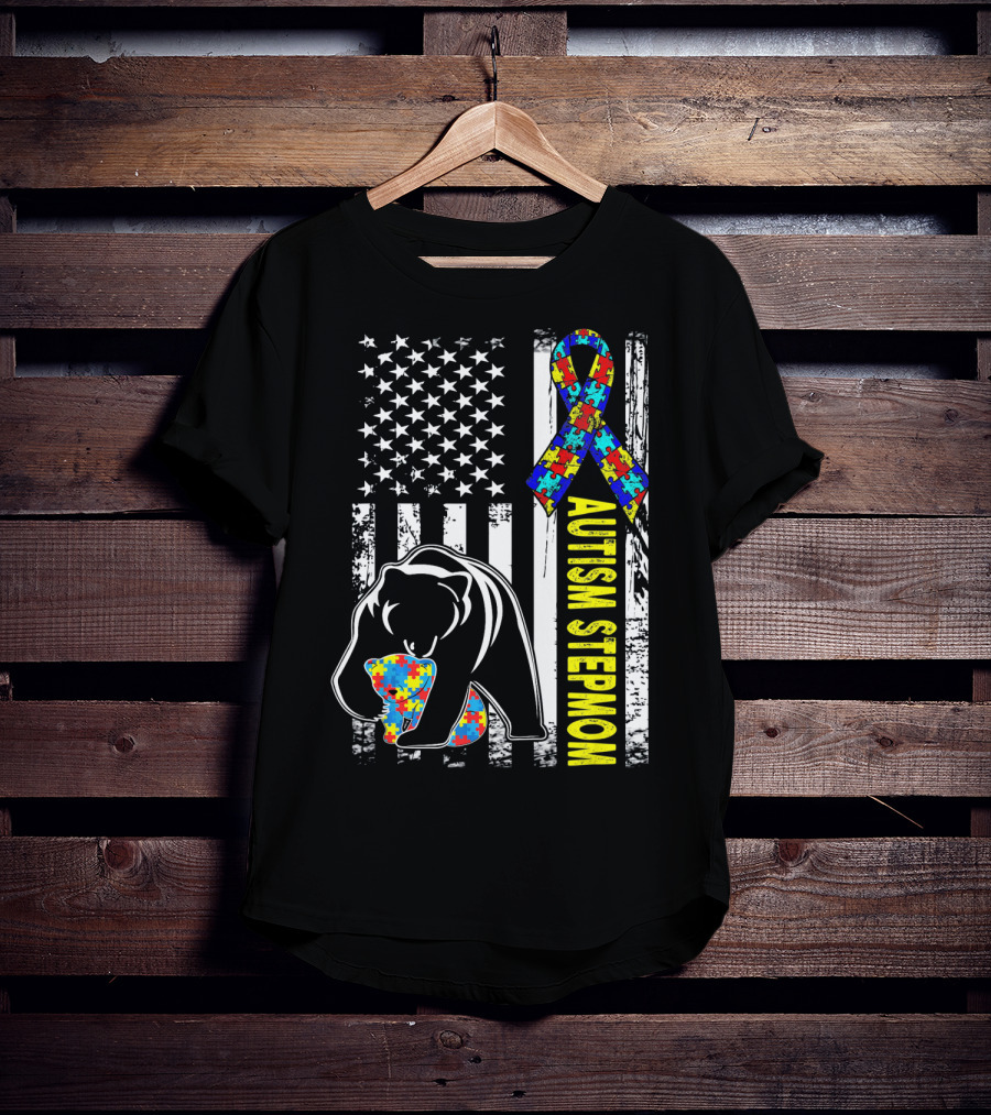 Autism Stepmom Bear American Flag Puzzle T-Shirt