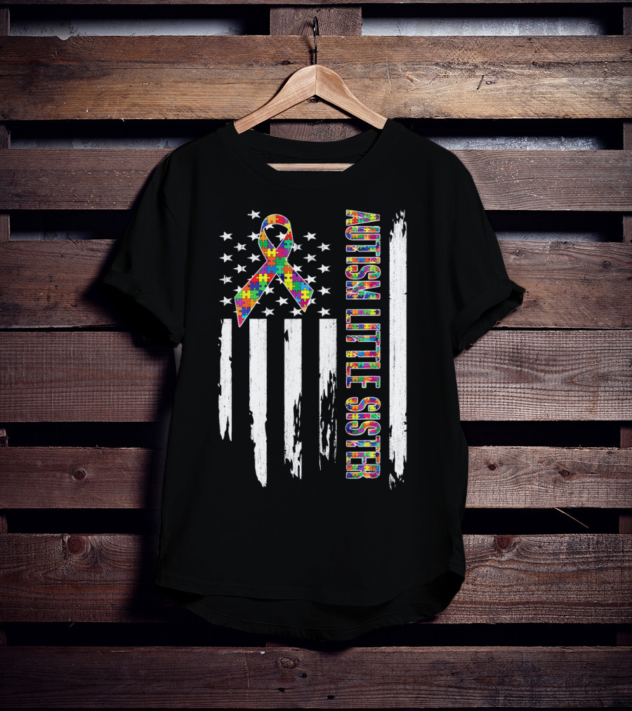 Autism Little Sister Puzzle Ribbon American Flag T-Shirt