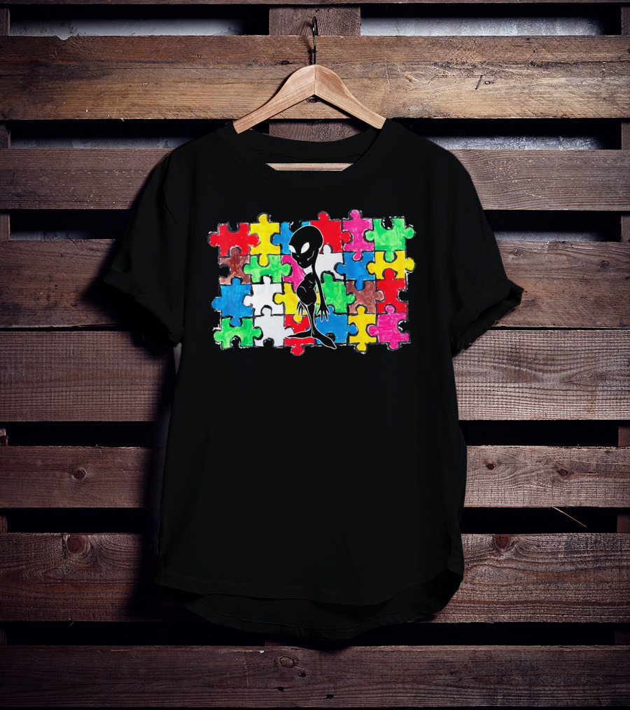 Alien UFO Autism Awareness Puzzle Piece T-Shirt
