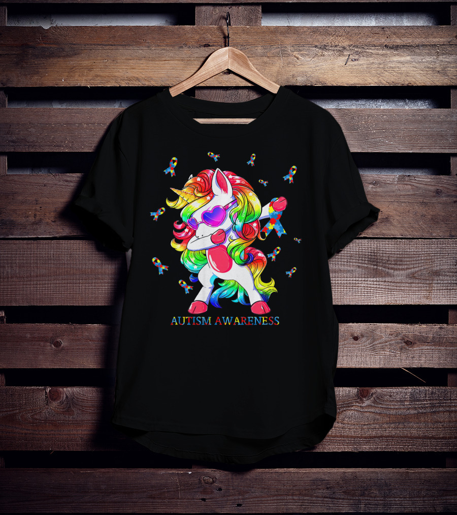 Autism Awareness Dabbing Unicorn Puzzle Ribbon T-Shirt
