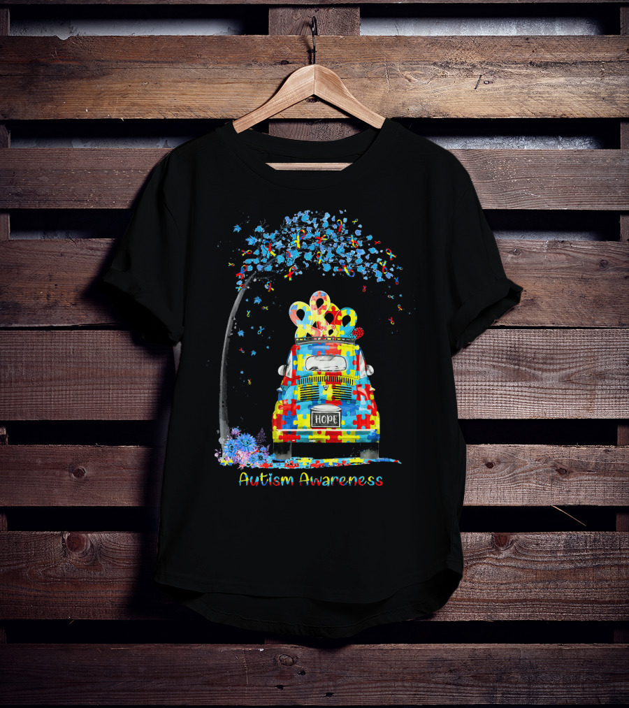 HOPE Hippie Van Puzzle Pieces Ribbon Autism Awareness T-Shirt