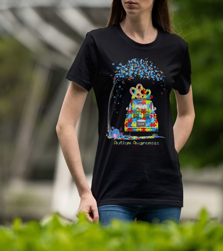 HOPE Hippie Van Puzzle Pieces Ribbon Autism Awareness T-Shirt