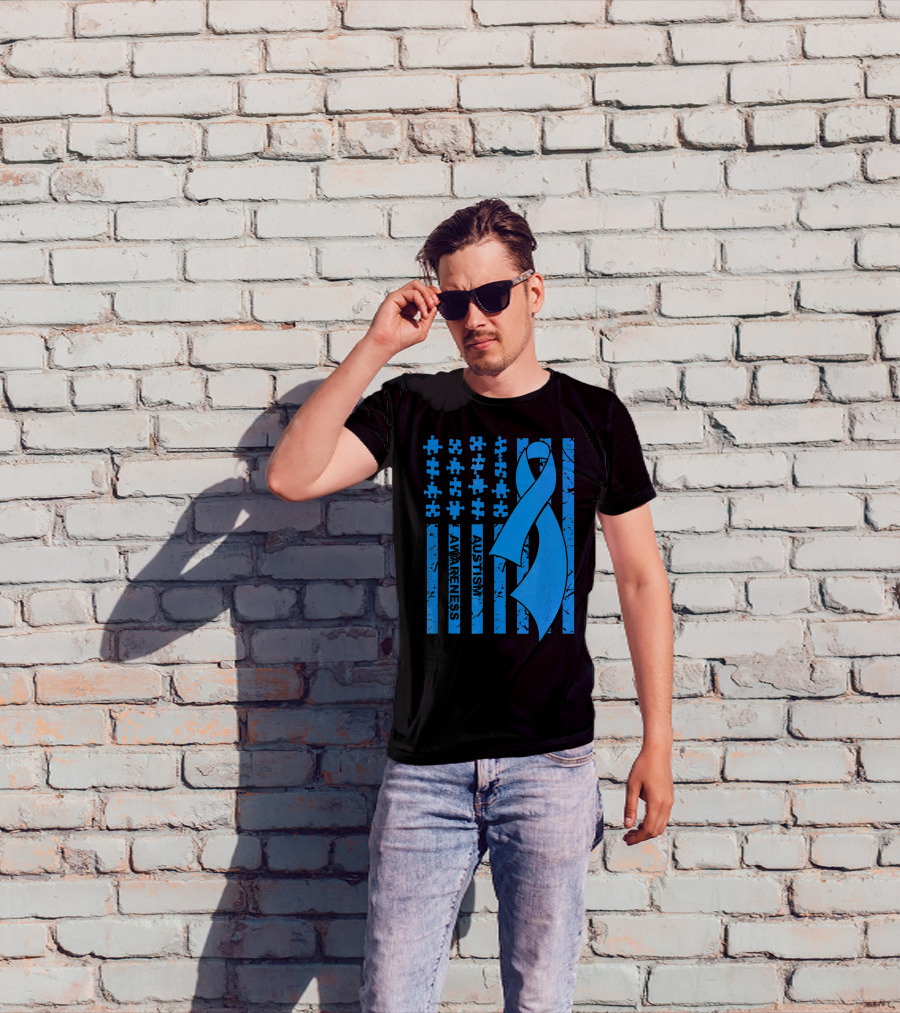 Autism Awareness Flag With Puzzle Pieces And Blue T-Shirt