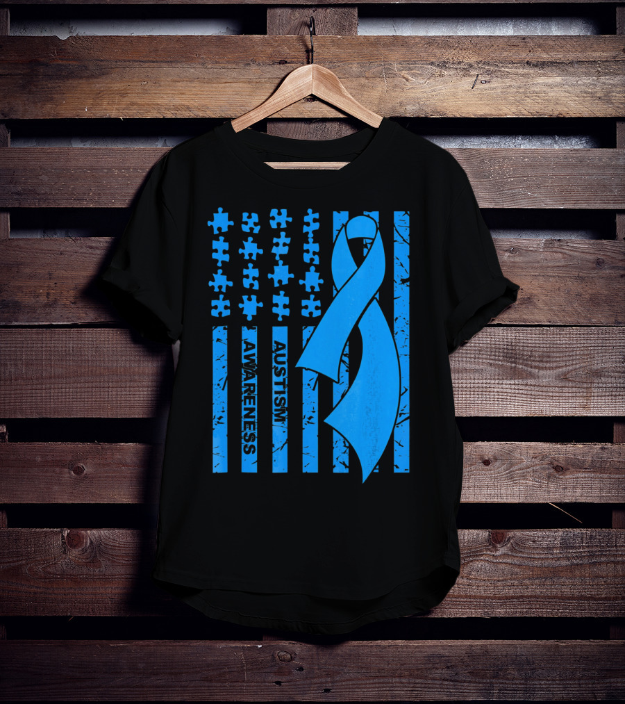 Autism Awareness Flag With Puzzle Pieces And Blue T-Shirt