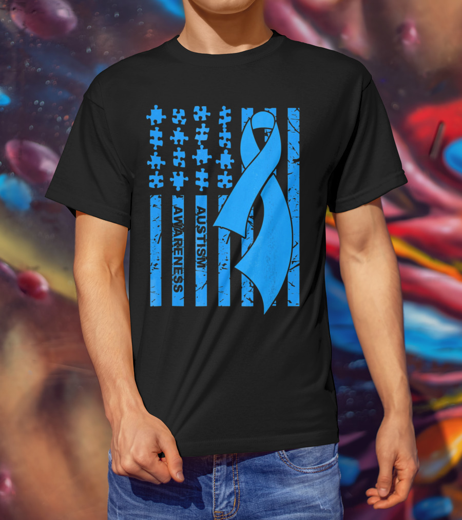 Autism Awareness Flag With Puzzle Pieces And Blue T-Shirt