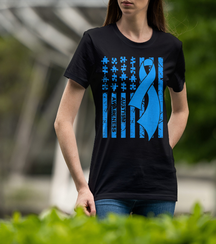 Autism Awareness Flag With Puzzle Pieces And Blue T-Shirt